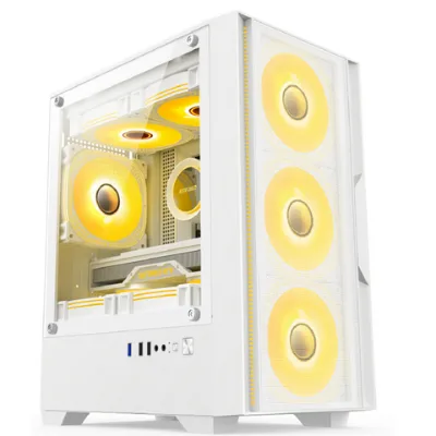 ETEK M-ATX/ITX motherboards, dual-mode installation, 5-fan layout, panoramic side lighting. Ideal for mid-range gamers