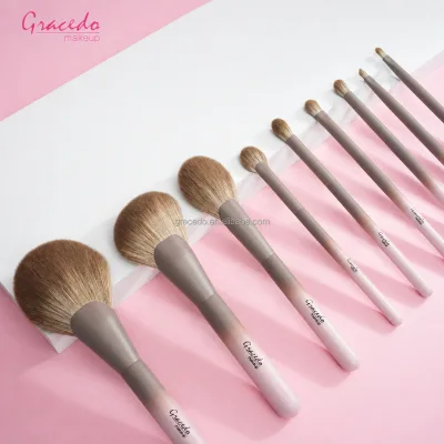 2026 New Professional 9 Pcs Gradient Gray & Pink Face Makeup Brush Set Soft Vegan Nylon Hair Eco-Friendly Wood Handle