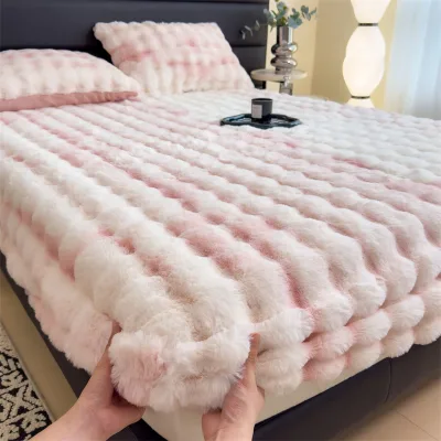 Single Piece Rabbit Fur Blanket Winter Warmth Filled Double Bed Sheet Set with Printed Pattern Home Use Mattress Protector Cover