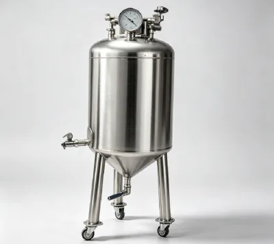 Vertical Conical SUS304 Stainless Steel Pressure Tank 0.8 MPa Design Pressure Industrial Storage for Liquid Universal Casters