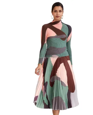New Court Pleated Full Sleeve Two Piece Casual Set New Summer Printed Slim T-Shirt and African Printed Long Skirt Set