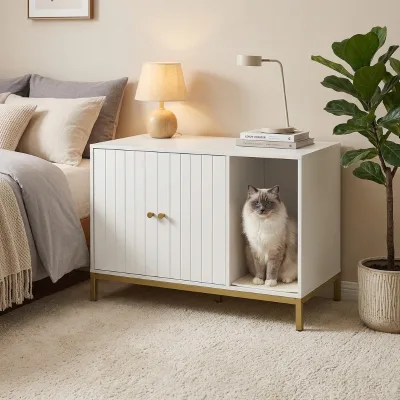 Pet Cat Litter Box Enclosure with Scratching Mat for Living Room