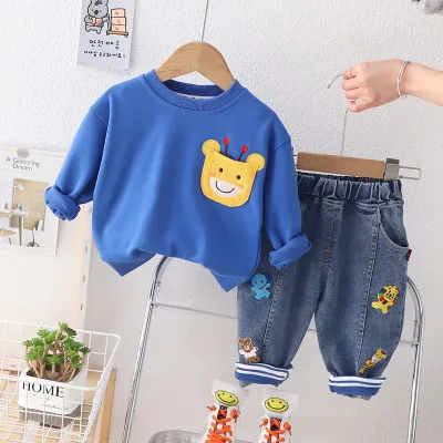 2024 HO New Fashion Spring Autumn Long Sleeve Solid Color Animal Pocket Blouse Cute Cartoon Denim Pants Casual Boys Outfits