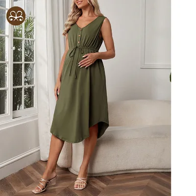 Casual Loose Maternity Skirt Waist Drawstring Curved Straight Leg Hem Mid-length Pregnant Dress