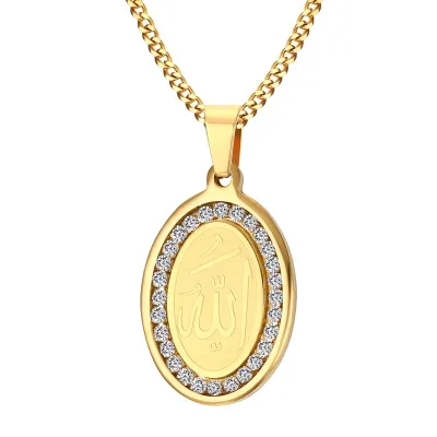 Muslim Jewelry Stainless Steel Rhinestone Allah Pendant Necklace