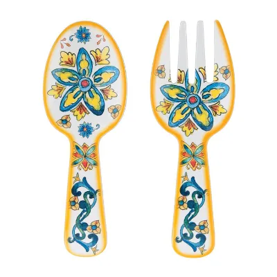 Trendy Horn Salad Spoon Fork 2pcs Set 11" Large Melamine Plastic Travertine Salad Servers with Spoon Fork