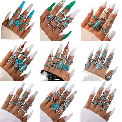 Turquoise Inlay Silver Metal Vintage Bohemian Ring for Women Fashion Jewelry Gift