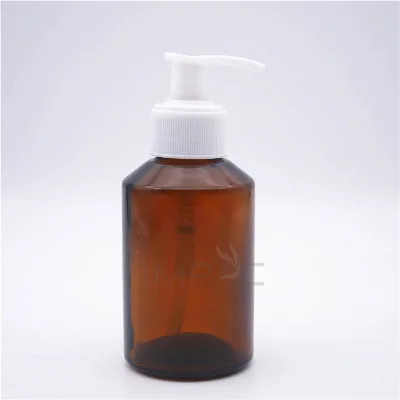 Slant Shoulder Amber Color Glass Hand Soap Bottle 120ml 4oz with Pump