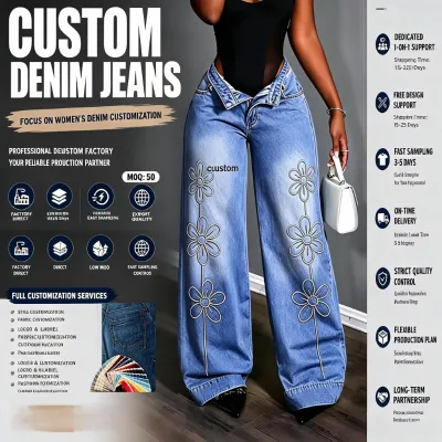 Women's Vintage Washed Embroidery Jeans Wide Leg Denim Jeans Trendy Fashion With Stretch Feature Extra Large Womens Jeans
