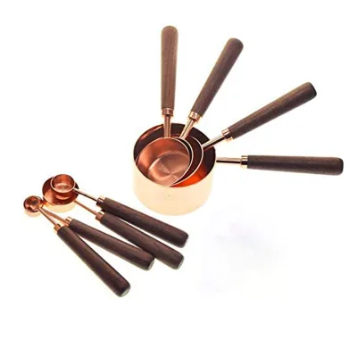 Stainless Steel Measuring Cups and Spoons Set With Walnut Handle for Gift Cooking Baking Rose Gold