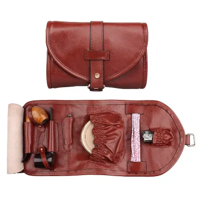 High Quality Handmade Leather Pipe Rolling Tobacco Pouch Bag Organize Case with Two Pipe Holder Pockets