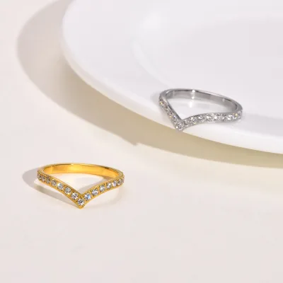 Custom Stainless Steel V-Shape Zircon Ring, Chevron Cubic Zirconia V Band Ring for Women Men