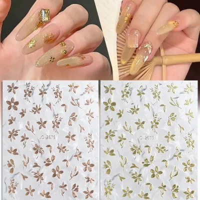 Hot Selling Golden Flower Nail Stickers With Sparkling 3D Rose Gold Small Flower Nail Stickers