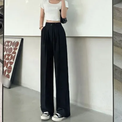 Loose Double Button Casual Straight Leg Pants