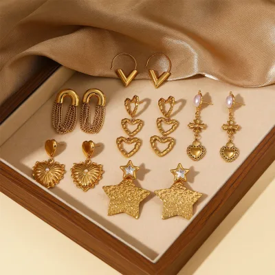 Vintage 18K Gold Plated Stainless Steel Earrings Heart Star Cross V-Shape Drop Earring Waterproof Women Jewelry Gift