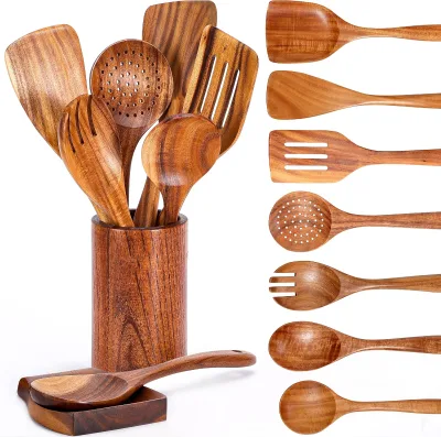 Wholesale Custom Modern Eco-Friendly Wooden Kitchen Utensils 9pc Teak Acacia Bamboo Cooking Tools Spoon Spatula Ladles
