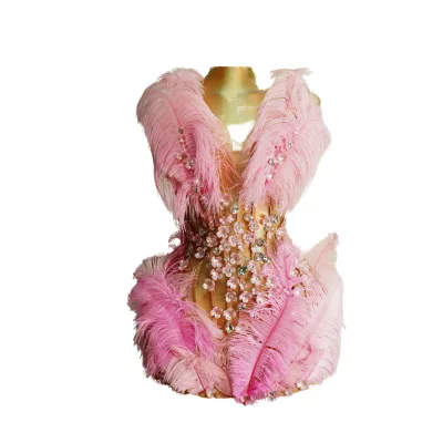 Pink Dream Ostrich Feather 3D Floral Crystal Rhinestone Corset Bodysuit Leotard Women's Spandex/Cotton Stage Performance Drag