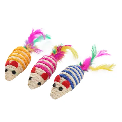 Top Sale Cat Toys Sisal Mouse Shape With Colorful Feather Claw Grinding Bite Resistance Chew Toy