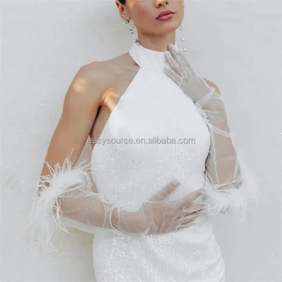 YM93 Feather Wedding Gloves Black White Long Bridal Gloves Elegant for Women Party Jewelry