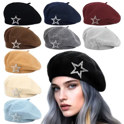 Factory Wholesale Five Pointed Star Rhinestone Wool Blend Women Beret Winter Warm Painter Beanie Hat