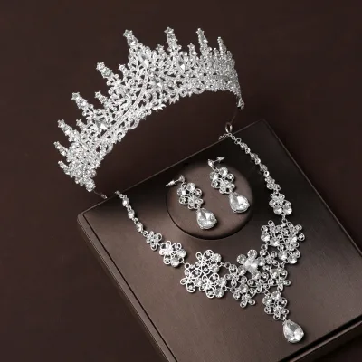 Bride Headwear Crown Main Wedding Dress Birthday Hair Accessories Silver Diamond Retro Luxury Necklace Earrings Three Piece Set