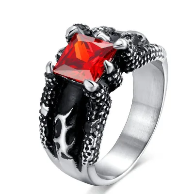 Exaggerated Vintage Gothic Mens Ruby Dragon Claw Ring