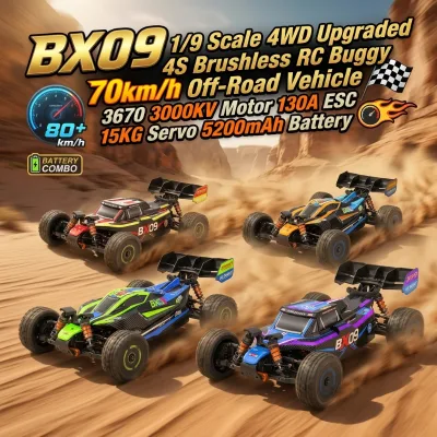 BX09 1/9 Scale 4WD Upgraded 4S Brushless RC Buggy 70km/h Off-Road Vehicle 3670 3000KV Motor 130A ESC 15KG Servo 5200mAh Battery