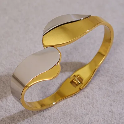 Fashion Women's Smooth Asymmetrical Wide Color-spliced Metal Spring Open Stainless Steel Bracelet Factory Wholesale
