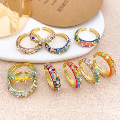 Exquisite Chinese Style Openwork Flower Ring Hand-Painted Enamel Oil-Drop Design Gold Plated Alloy Zircon Fine Fashion Wedding