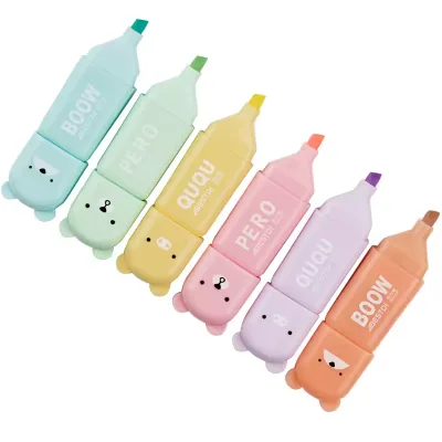 4/5/6 Pack Mini Bear Highlighter Pen Cute Kawaii Writing Chisel Tip Marker Pens Graffiti Drawing Pastel Marker School Supplier