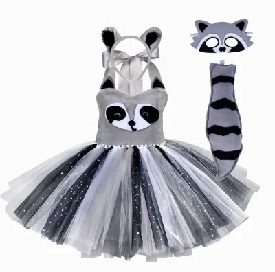 Ecoparty Festival Raccoon Cosplay Costume Girls Animal Dress up Tutu Dress Fancy Carnival Birthday Fantasy Children Zoo Vestido