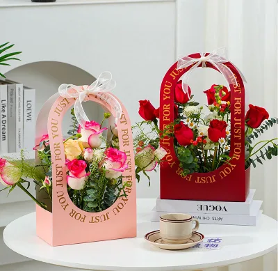 Logo Personalized Portable Bouquet Flower Carrier Gift Packing Dried Flower Paper Bags Customized Offset Printing Paperboard