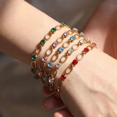 Fashion Colorful Gemstone Chain Bracelet Oval Link Multi Color CZ Stainless Steel Bracelet Daily Jewelry for Women