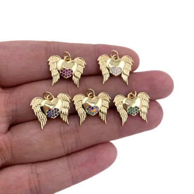 angle wings heart design pendants rainbow color zircon pave charms jewelry findings for necklaces