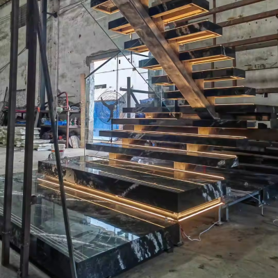 Marble Step Staircase Stone Steps Stairs Glass Railing Tile Staircase Steel Baluster Wood Step Stair LED Light Stairway