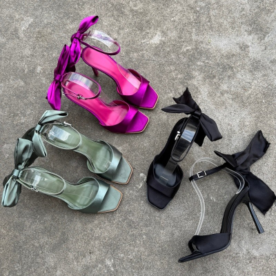 Brand Sandals for Women Large Bow High Heels Open Toe Straight Strap Thin Heel Sandals Women's Summer Roman Style