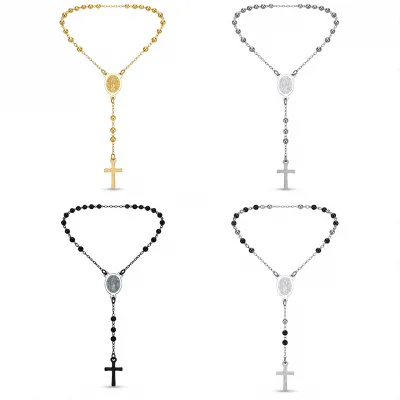 Vintage Stainless Steel Our Lady Cross Pendant Necklace 3mm Beads Catholic Faith Blessing Jewelry Religious Christmas Gift