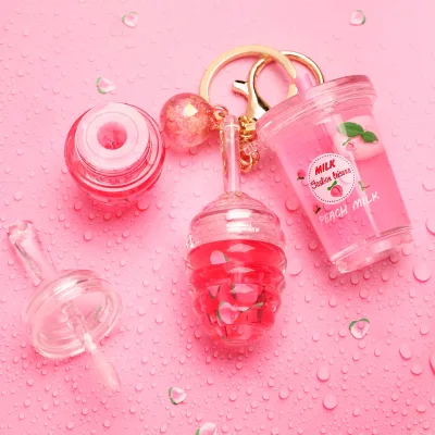 Peach Floating Milk Tea Cup Lip Gloss Pendant Key Chain Honey Lip Glaze