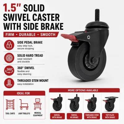 1.5 Inch Solid Hard Tread Threaded Stem Swivel Caster With Side Pedal Brake for Furniture Tool Cart and Equipment