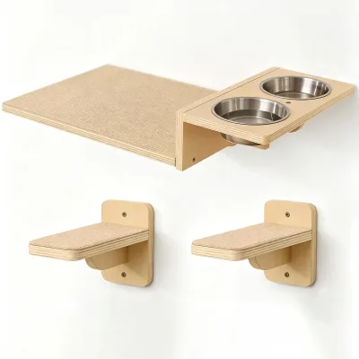 3 in 1 Cat Wall Shelves Food Station with 2 Steps Birch Plywood Perch for Kitten Play Eat Cat Wall Food Station