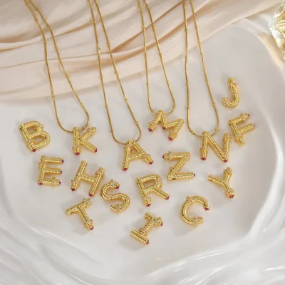 Women's Europe & America Style Copper Micro-inlaid Zircon Bamboo Chain 26 English Letters Pendant Necklace Electroplated