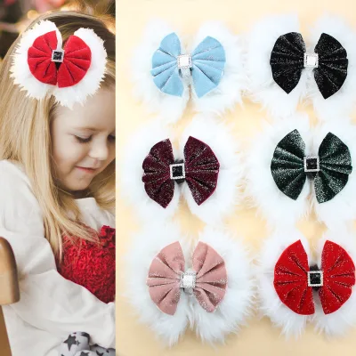 Christmas Hot Fluffy Bow Hair Clip Hairpin Square Rhinrhinene Shiny Premium Girl Hair Accessories