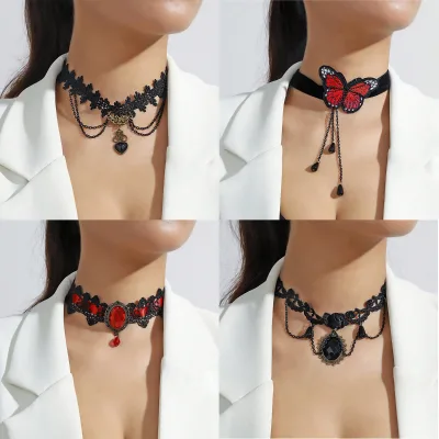 Wholesale Gothic Jewelry Black Lace Collarbone Chain Punk Light Luxury Necklace Chain Dainty Butterfly Choker Necklace for Women