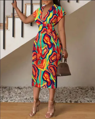 Plus Size Women Slim Bohemian Dress V-neck Short Sleeve Printed Dress High Waist Lady Midi Pencil Dresses