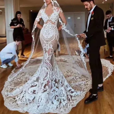 Elegant Lace Appliques Wedding Dress Cap Sleeves Special Lace Court Tail Deep V Neck Mermaid Wedding Dress with Long & Big Veil