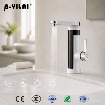 Instant Hot Water Tap Electric Tankless 3000W White Body Black Screen Flat Chrome Spout Digital Display Lever Quick Heat