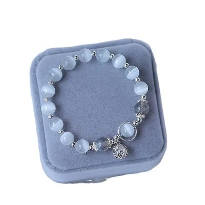 Natural Cat's Eye Beaded Bracelet With Moonlight Crystal Butterfly Pendant Classic Unisex Style for Gift
