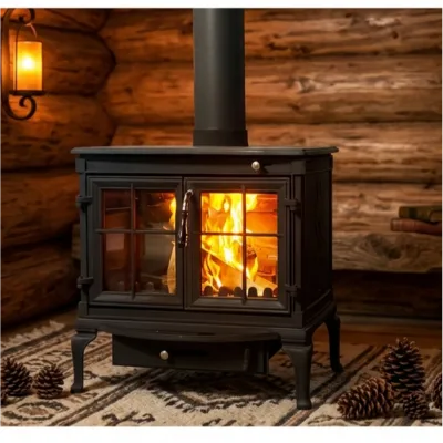 Classic Cast Iron Wood Stove with Double Grid Glass Doors Wood-burning Stove Rural Villas Freestanding Home Fireplace