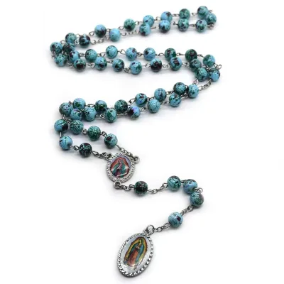 Our Lady of Guadalup Rosary Turquoise Pinestone Beads Chain Link Necklace With Cross