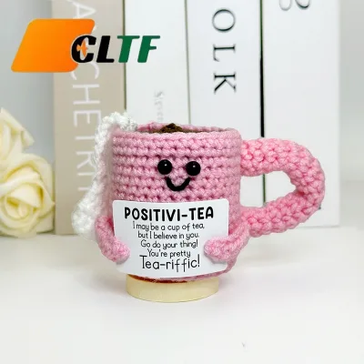 Crochet Positive Tea Cup Office Decor Motivation Coworker Gift Handmade Crochet Positivi-Tea Cup Plush Mini Mug Barista Gift